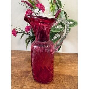 Vintage Cranberry Art Glass Pitcher Hand Blown Ruffled Rim Clear Handle Decor
